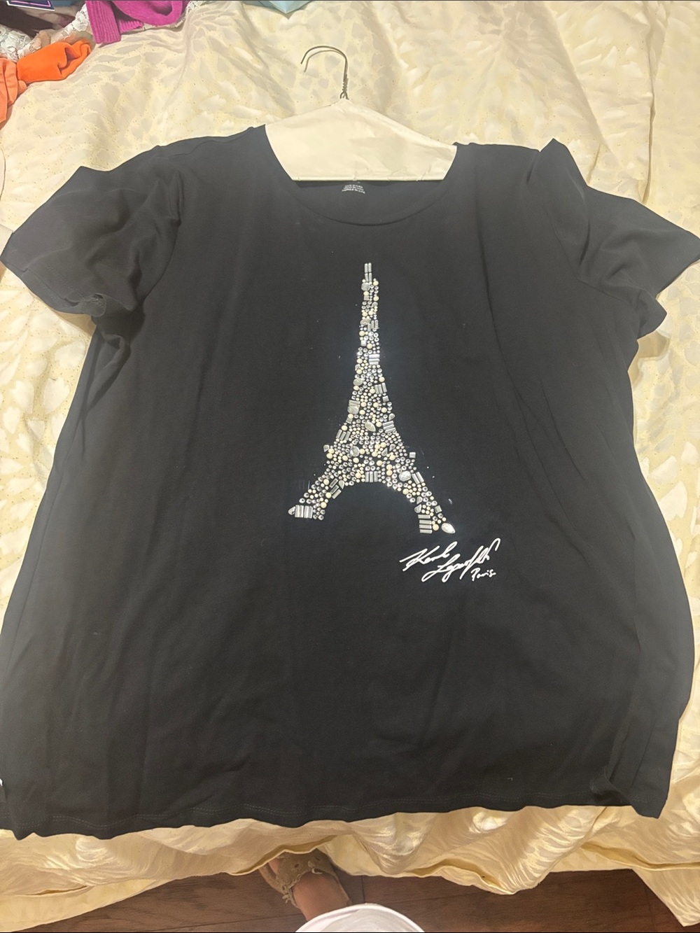 Karl Lagerfeld Black Tee with Rhinestone Eiffel Tower